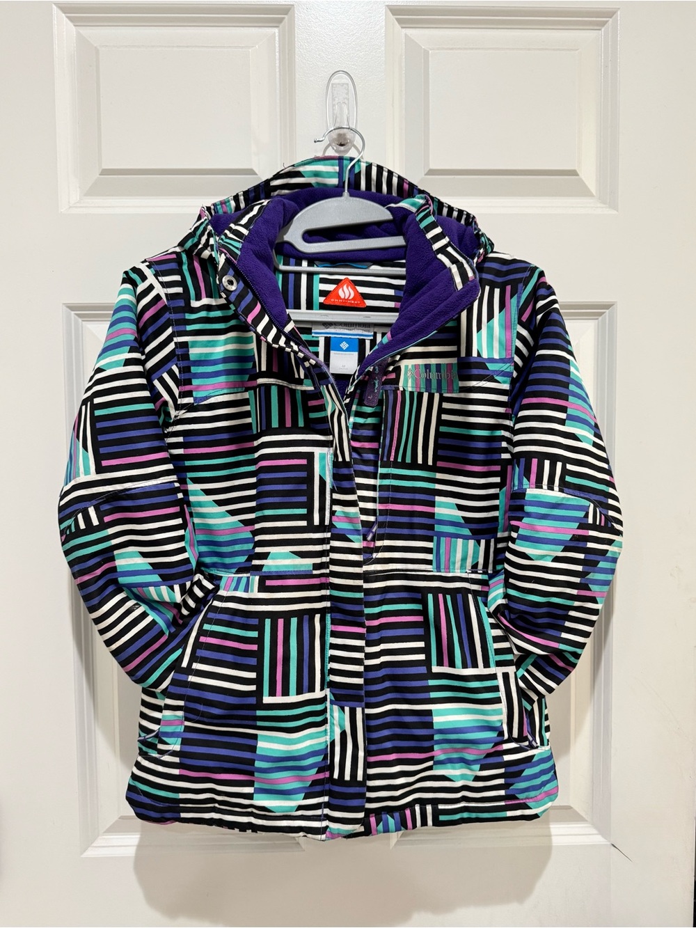 Columbia Kids Girls Striped Geometric Hooded Puffer Jacket Omni-Heat Sz M(10/12)